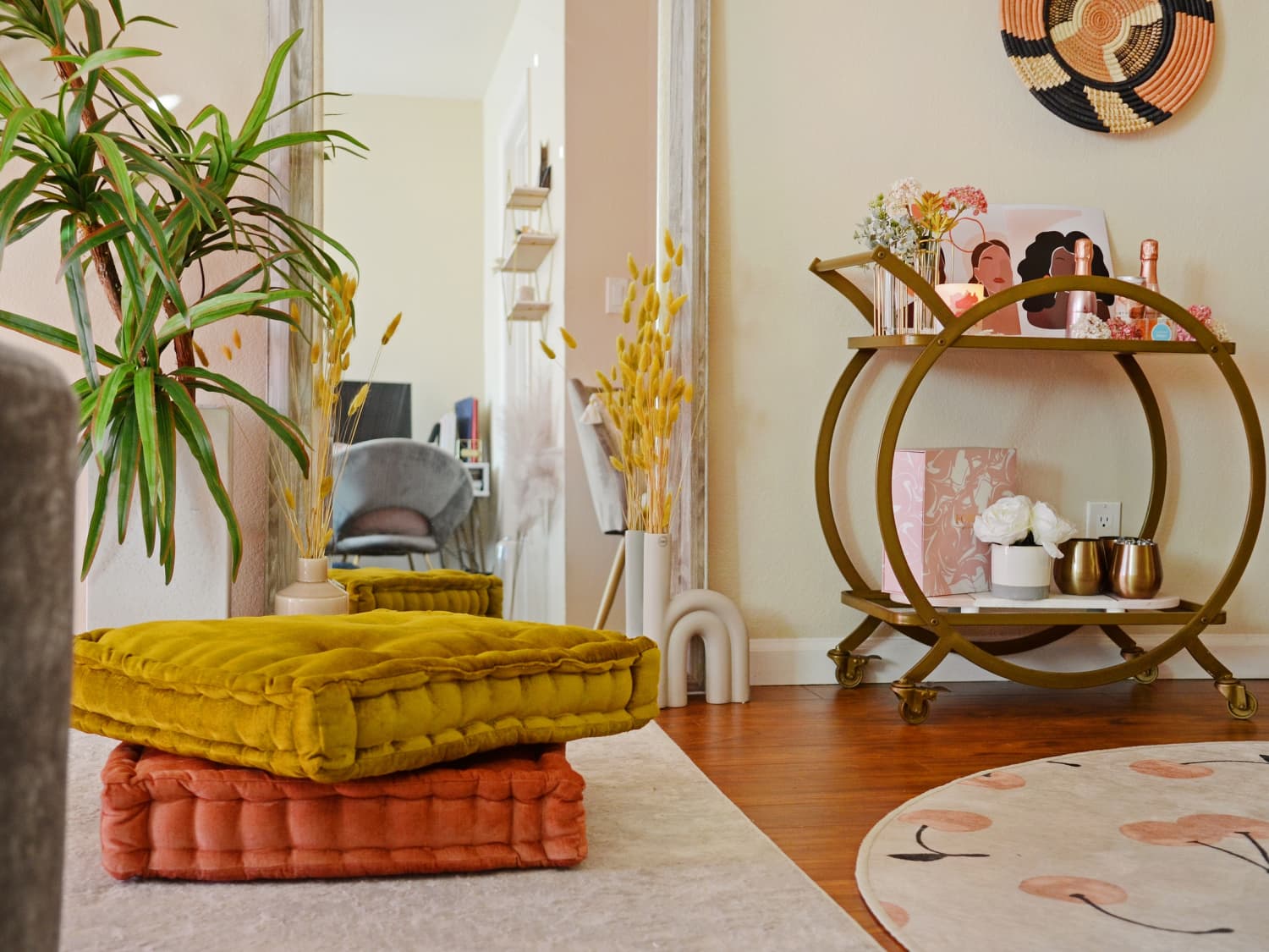 living room with bar cart